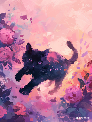A Cute Black Cat Running Through Roses with Pink and Purple Pastel Colors