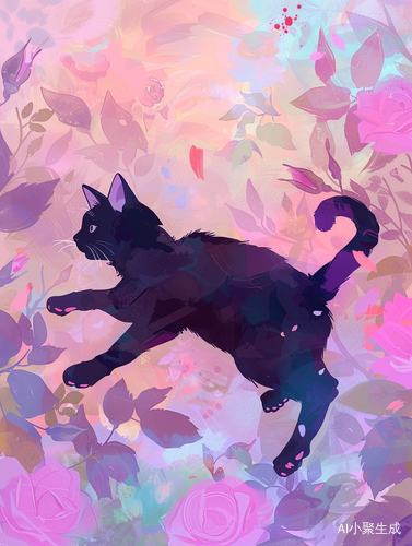 A Cute Black Cat Running Through Roses with Pink and Purple Pastel Colors