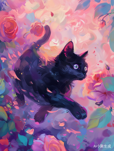 A Cute Black Cat Running Through Roses with Pink and Purple Pastel Colors