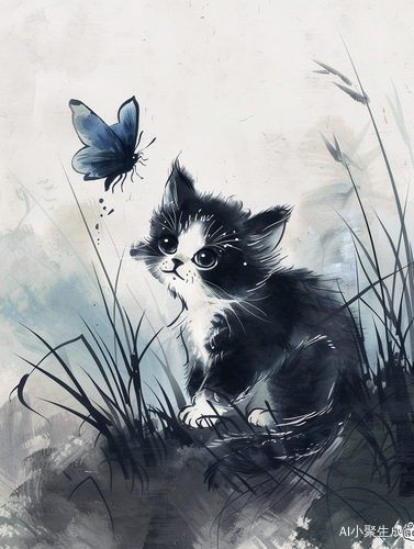 细腻水墨猫咪与中国风蝴蝶插画
