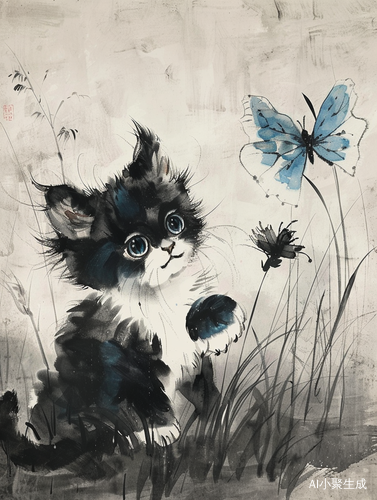 细腻水墨猫咪与中国风蝴蝶插画