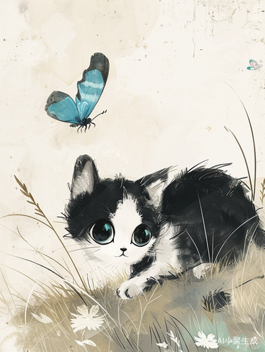 细腻水墨猫咪与中国风蝴蝶插画