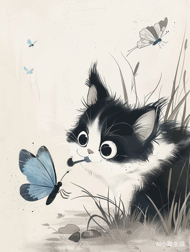 细腻水墨猫咪与中国风蝴蝶插画