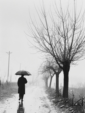 清明时节雨纷纷，路上行人欲断魂，人迹稀少的村间小路上，几个伤心的人孤单的走着，细雨蒙蒙的打湿了行人的脸庞，分不清是雨水还是泪水，远处的孤坟更显得悲凉，整个画面悲伤，苍凉的感觉，春天的雨水，