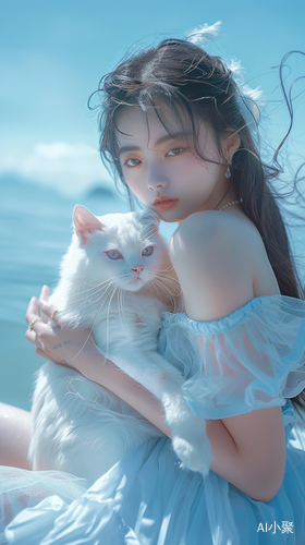 清澈海边的浅蓝色女孩抱猫