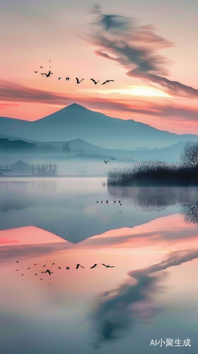 唯美夕阳，湖面雾气，飞鸟与山影