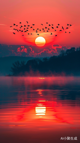 唯美夕阳，湖面雾气，飞鸟与山影