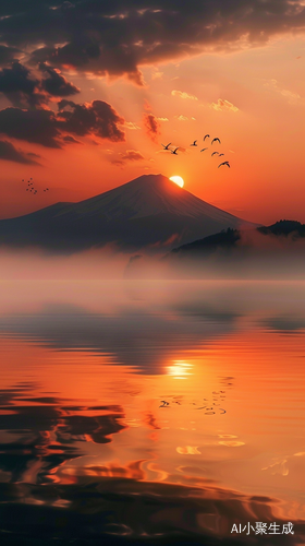 唯美夕阳，湖面雾气，飞鸟与山影