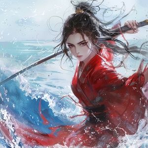 Masterpiece,ink painting style,1girl,wear red hanfu, Chinese Traditional cloth, ((holding awater sword,)) long black hair, hair braid,dynamic pose,battle pose,close up,blue wave background, water effect,