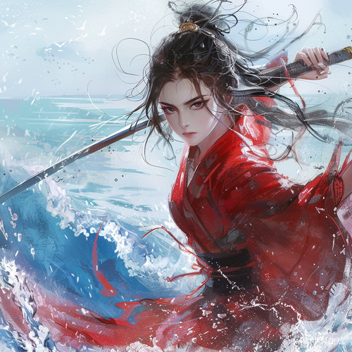 Dynamic Battle Pose with Red Hanfu and Water Sword