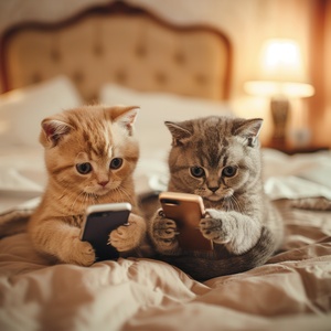 Two cute British shorthair kittens wearing pajamas and holding phones in their hands, sitting on the bed watching TV in soft light with warm colors in the style of high definition photography. Cute expressions with a warm bedroom background and warm color tones with soft lighting and cute facial features.ar3:4