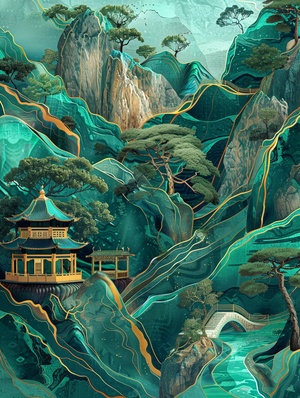 chinese fantasy landscape, kintsugi, golden - blue - green mountain with pavilions and trees , gilding , flowing liquid gold, made of Jade, gold, amazonite, labradorite, turquenite, malachite and zoisite mineral marble texture, wallpaper chaos 10 ar 2:3 stylize 250 v 6.0 style raw#人工智能艺术 #我和AI有话说 #生成艺术 #AI生成 #文创设计 #文创 #灵感设计 #灵感 #每日艺术分享 #设计 #mj关键词 #midjourney #midjourney关键词 #midjourney学习 #ai绘画 #ai