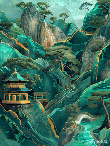 中国幻想山水景观: 金-蓝-绿山 with 亭台树木