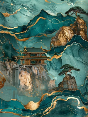 chinese fantasy landscape, kintsugi, golden - blue - green mountain with pavilions and trees , gilding , flowing liquid gold, made of Jade, gold, amazonite, labradorite, turquenite, malachite and zoisite mineral marble texture, wallpaper chaos 10 ar 2:3 stylize 250 v 6.0 style raw#人工智能艺术 #我和AI有话说 #生成艺术 #AI生成 #文创设计 #文创 #灵感设计 #灵感 #每日艺术分享 #设计 #mj关键词 #midjourney #midjourney关键词 #midjourney学习 #ai绘画 #ai