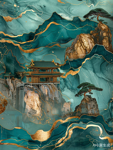 中国幻想山水景观: 金-蓝-绿山 with 亭台树木