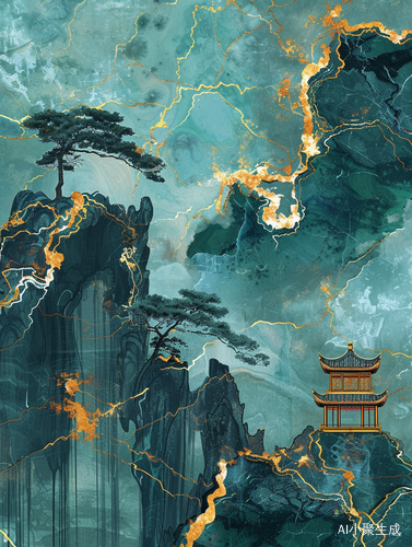中国幻想山水景观: 金-蓝-绿山 with 亭台树木