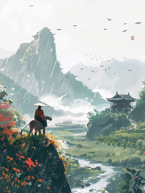 清明节💌 Midjourney 万能提示词公式：主题描述（修饰词+主体+场景+人物动作）环境场景（环境+光线+氛围+色系）艺术风格（国潮插画油画+艺术家名字+电影风格）像机视角（特写镜头，鱼眼镜头，一点透视，广角镜头）精度定义（高品质，超级细节，8K，尺寸）prompt 例如：Traditional Chinese pattern background, heavy rain in the rainy season, flying swallows, distant mountains and rivers, a doll riding on the back of a buffalo, blooming flowers on a small house at the foot of the mountain, light green gradient sky, the overall color scheme is mainly green and gold. The illustration style has delicate lines and smooth curves, giving it a s