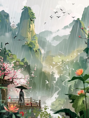 清明节💌 Midjourney 万能提示词公式：主题描述（修饰词+主体+场景+人物动作）环境场景（环境+光线+氛围+色系）艺术风格（国潮插画油画+艺术家名字+电影风格）像机视角（特写镜头，鱼眼镜头，一点透视，广角镜头）精度定义（高品质，超级细节，8K，尺寸）prompt 例如：Traditional Chinese pattern background, heavy rain in the rainy season, flying swallows, distant mountains and rivers, a doll riding on the back of a buffalo, blooming flowers on a small house at the foot of the mountain, light green gradient sky, the overall color scheme is mainly green and gold. The illustration style has delicate lines and smooth curves, giving it a s