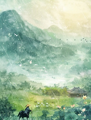 清明节💌 Midjourney 万能提示词公式：主题描述（修饰词+主体+场景+人物动作）环境场景（环境+光线+氛围+色系）艺术风格（国潮插画油画+艺术家名字+电影风格）像机视角（特写镜头，鱼眼镜头，一点透视，广角镜头）精度定义（高品质，超级细节，8K，尺寸）prompt 例如：Traditional Chinese pattern background, heavy rain in the rainy season, flying swallows, distant mountains and rivers, a doll riding on the back of a buffalo, blooming flowers on a small house at the foot of the mountain, light green gradient sky, the overall color scheme is mainly green and gold. The illustration style has delicate lines and smooth curves, giving it a s