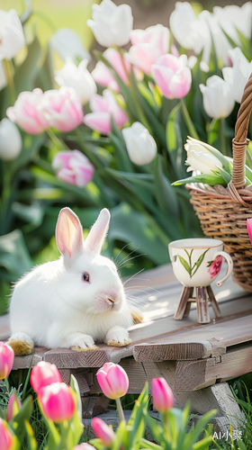 Sunlit Rabbit Surrounded by Tulips and Tea on a Picnic Table