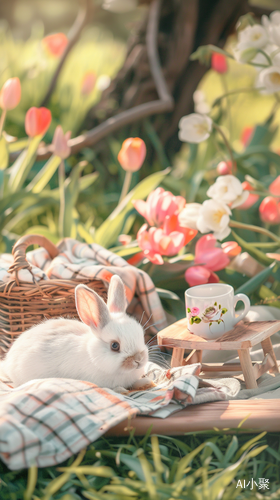 Sunlit Rabbit Surrounded by Tulips and Tea on a Picnic Table