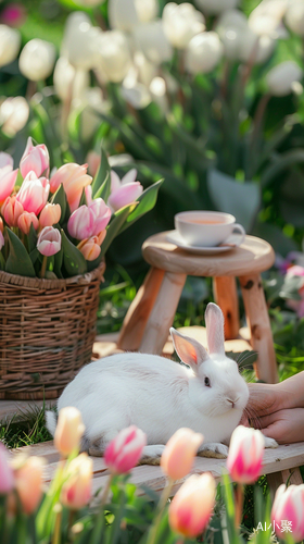 Sunlit Rabbit Surrounded by Tulips and Tea on a Picnic Table