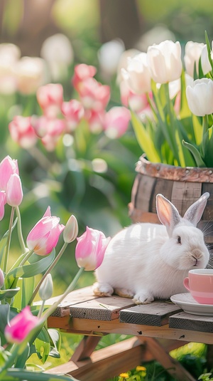 A white little rabbit is lying on the picnic table. Next to it there is an exquisite pink tulip basket and some pastel colored flowers in the background. A small wooden stool with two hands holding a cup of tea stands beside. The green grassy lawn features blooming spring tulips, creating a fresh atmosphere. This scene exudes warm sunshine, making people feel happy. in the style of Impressionist painters. ar 9:16