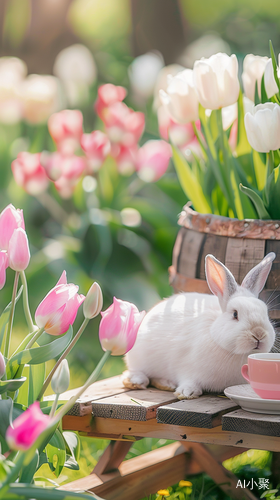 Sunlit Rabbit Surrounded by Tulips and Tea on a Picnic Table