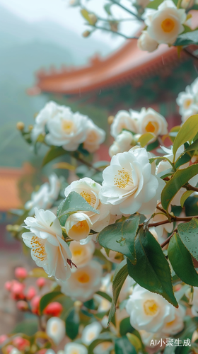 充满白色山茶花的道观