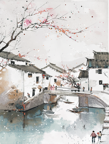 小镇人家水彩画：舒适随性的生活