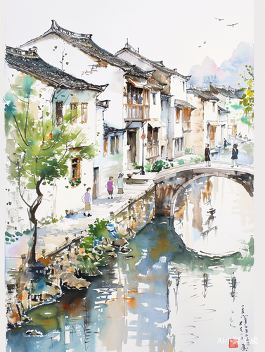 小镇人家水彩画：舒适随性的生活