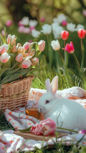 A white little rabbit is lying on the grass, next to it there is an exquisite pink tulip basket with tulips inside and some pastel colored blankets around it. A wooden picnic table stands in front of him, holding two delicate glasses filled with sweet tea. The background features green meadows and blooming flowers in the style of a pastoral scene. ar 9:16