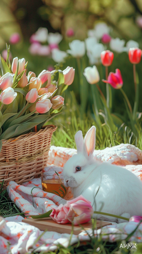 White Rabbit with Tulip Basket on Meadow Picnic Table