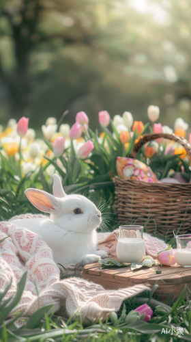 White Rabbit with Tulip Basket on Meadow Picnic Table