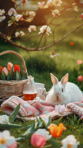 White Rabbit with Tulip Basket on Meadow Picnic Table