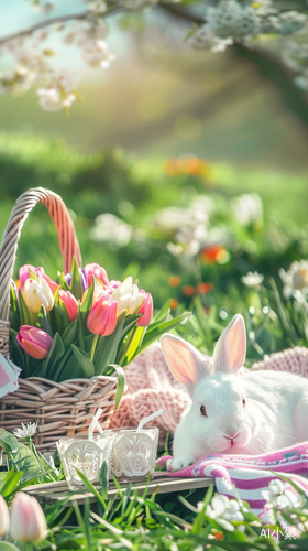 White Rabbit with Tulip Basket on Meadow Picnic Table