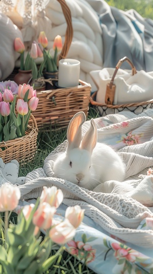 A white little rabbit lying on the grass, next to it is an exquisite wooden tea table with pink tulips in flower pots and pastel colored baskets for carrying food. On top of that there are also some beautiful candles and other decorations, in the style of pastel. ar 9:16