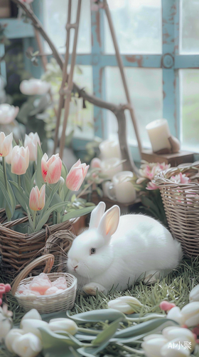 Pastel-themed Tea Party with a White Rabbit