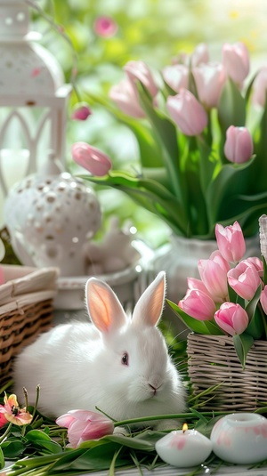 A white little rabbit lying on the grass, next to it is an exquisite wooden tea table with pink tulips in flower pots and pastel colored baskets for carrying food. On top of that there are also some beautiful candles and other decorations, in the style of pastel. ar 9:16