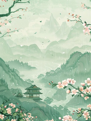 完整关键词：Traditional Chinese pattern background, heavy rain in the rainy season, flying swallows, distant mountains and rivers, a doll riding on the back of a buffalo, blooming flowers on a small house at the foot of the mountain, light green gradient sky, the overall color scheme is mainly green and gold. The illustration style has delicate lines and smooth curves, giving it a sense of mystery. Illustration style HD details, fisheye lens, one point perspective, ultra high definition, super details, 8k ar 3:4#