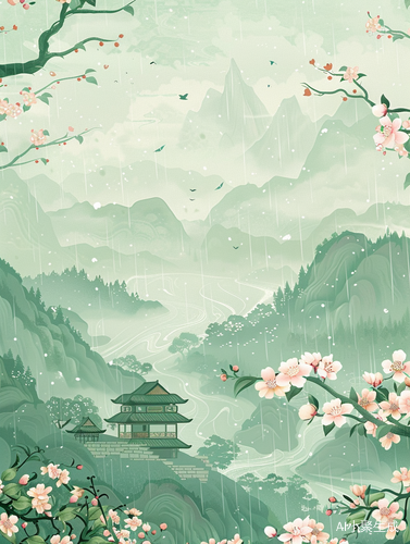 Traditional Chinese Pattern Background with Flying Swallows and Blooming Flowers
