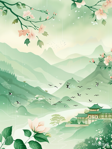 Traditional Chinese Pattern Background with Flying Swallows and Blooming Flowers