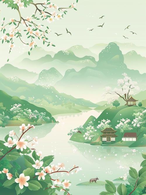 完整关键词：Traditional Chinese pattern background, heavy rain in the rainy season, flying swallows, distant mountains and rivers, a doll riding on the back of a buffalo, blooming flowers on a small house at the foot of the mountain, light green gradient sky, the overall color scheme is mainly green and gold. The illustration style has delicate lines and smooth curves, giving it a sense of mystery. Illustration style HD details, fisheye lens, one point perspective, ultra high definition, super details, 8k ar 3:4#