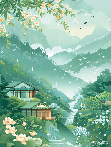 Traditional Chinese Pattern Background with Flying Swallows and Blooming Flowers
