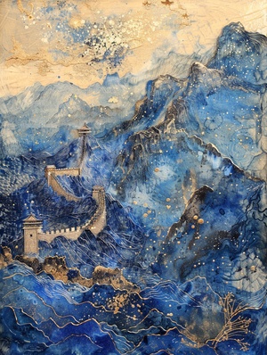 完整关键词：bottom view, a wire drawing of chinese Great Wall among the hillds , in the style of wavy resin sheets, white and blue, gold, stars glowing, detailed imagery, innovative page design, aerial view, multi-layered figures, serene mood ar 3:4 stylize 750#魔法 #艺术欣赏 #艺术作品 #每日艺术分享 #创作 #山水画 #艺术画 #mj关键词 #mj咒语 #mj