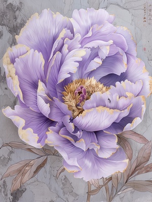 A lavender peony flower with glittering gold edges on a grey background with line drawings of small flowers on the petals. The design is in an elegant style with aesthetics, featuring high-definition images and exquisite details. It includes elements such as butterfly wings, light gray marble, and hand-drawn illustrations in the style of Chinese artists. ar 32:21 niji 6#搞的就是艺术 #人工智能艺术 #我和AI有话说 #生成艺术 #AI生成 #花 #宅家画画 #绘画学习 #灵感 #美好 #遇见美好 #midjourney #Midjourney #midjourney关键词 #midjourney咒语 #midjourney作品分享 #mj #