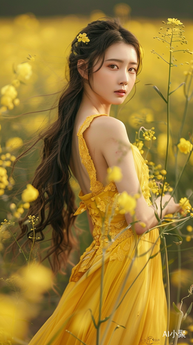 Chinese beauty in yellow dress amid rapeseed flowers