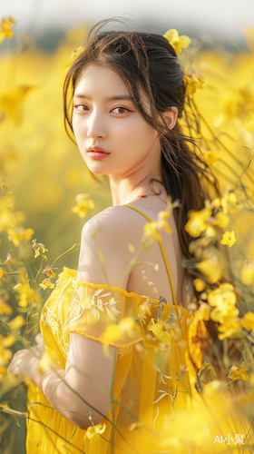 Chinese beauty in yellow dress amid rapeseed flowers