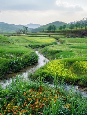 春天来了，菜子花，菜地，一条小河，