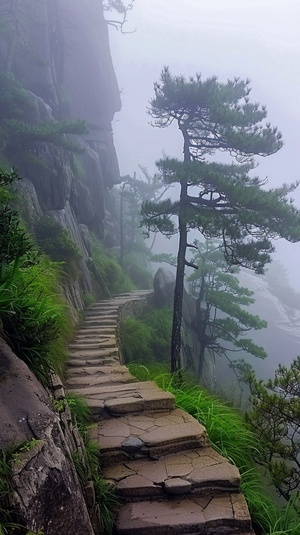 真实拍摄，黄山，弯曲的石板台阶小路，青松，晨雾，团雾，非常细腻描绘，春天，春色，远 山主体取景，第一人称视角